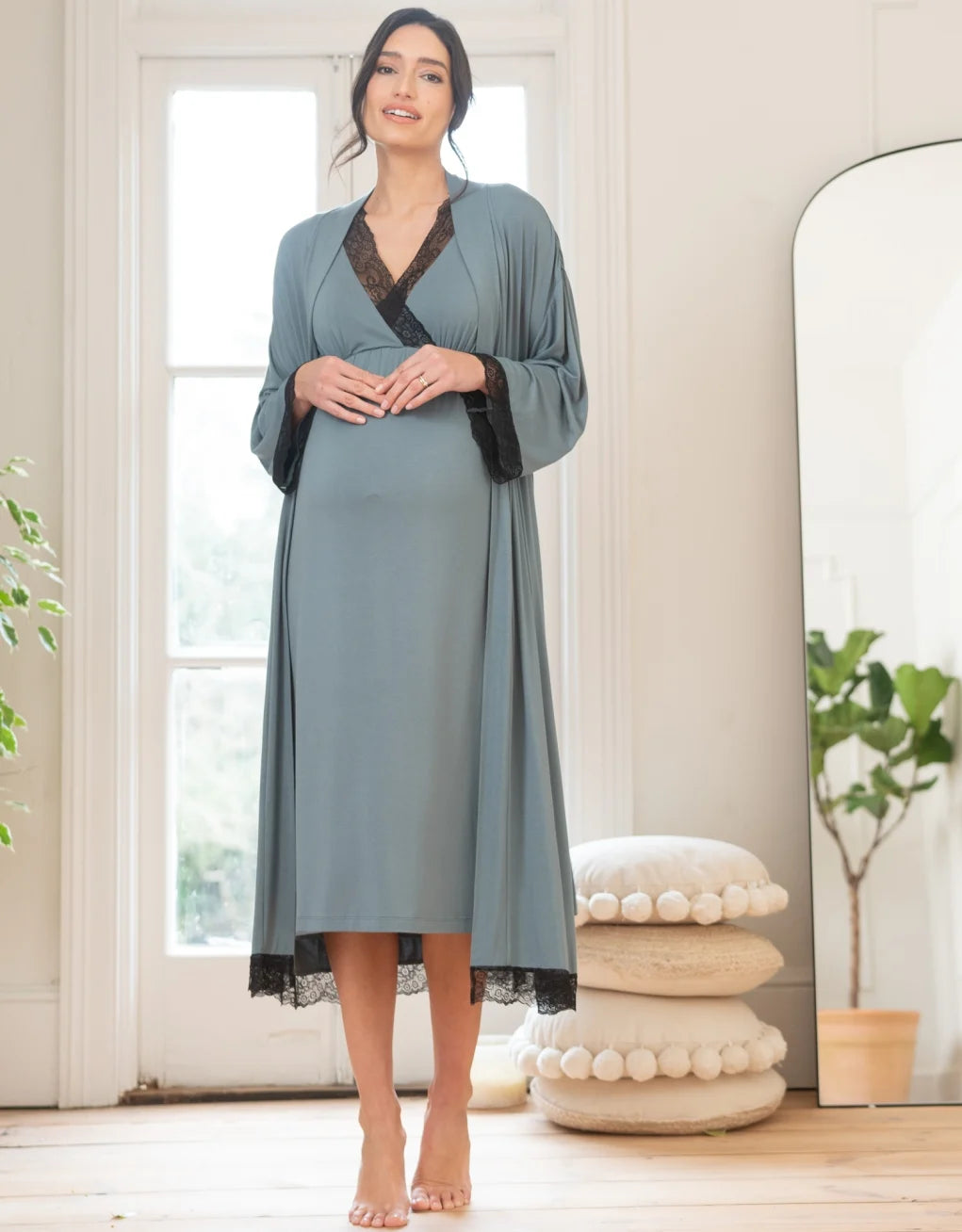 Lace Trim Kimono-Style Dressing Maternity-To-Nursing Gown The Boutique Affair Maternity Lace Trim Kimono-Style Dressing Maternity-To-Nursing Gown The Boutique Affair Maternity