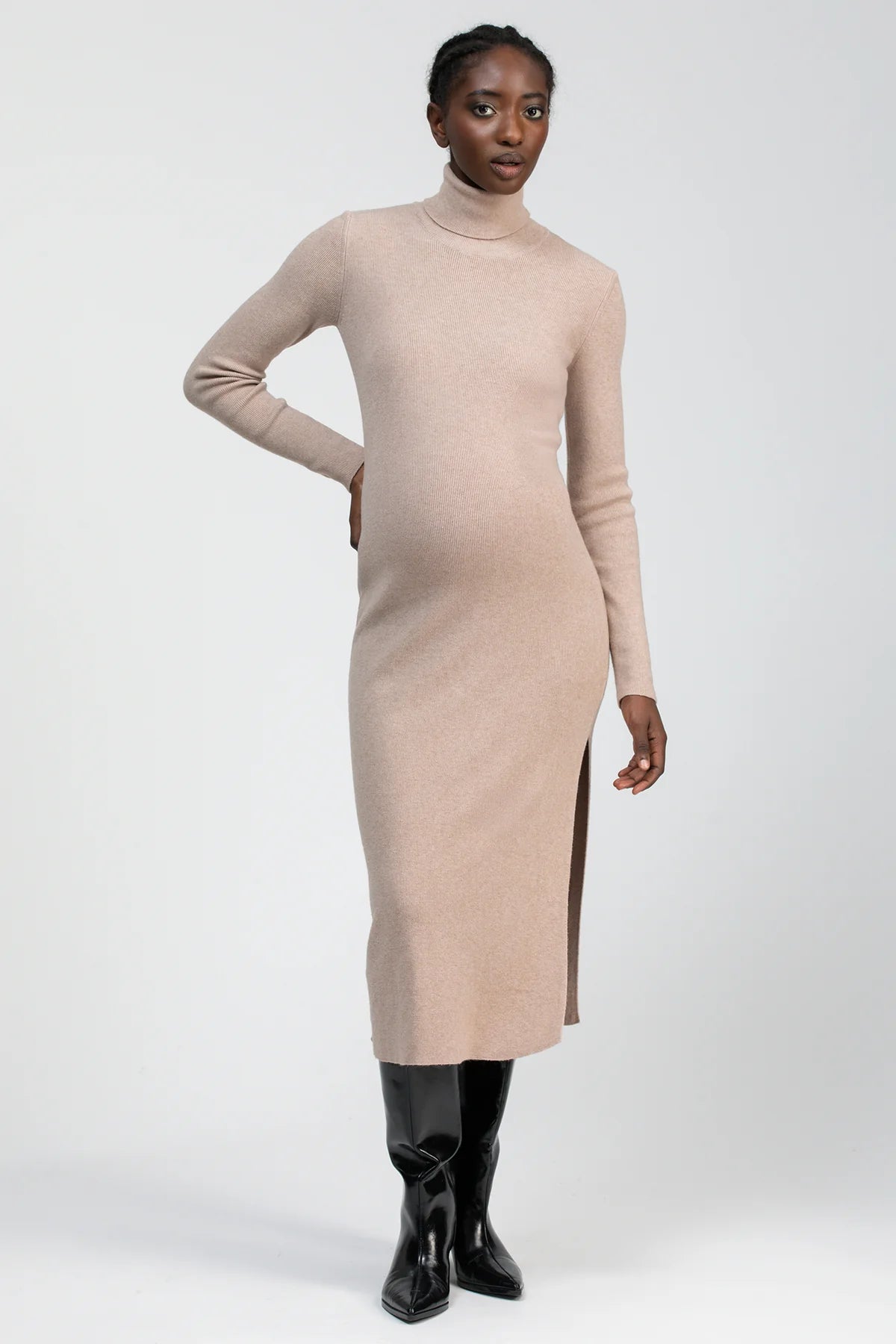 Pietro Brunelli Beige Fitted Maternity Dress with Side Slit