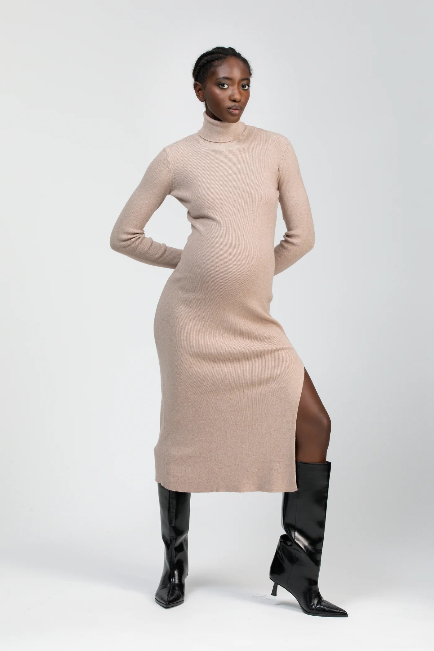 Pietro Brunelli Beige Fitted Maternity Dress with Side Slit