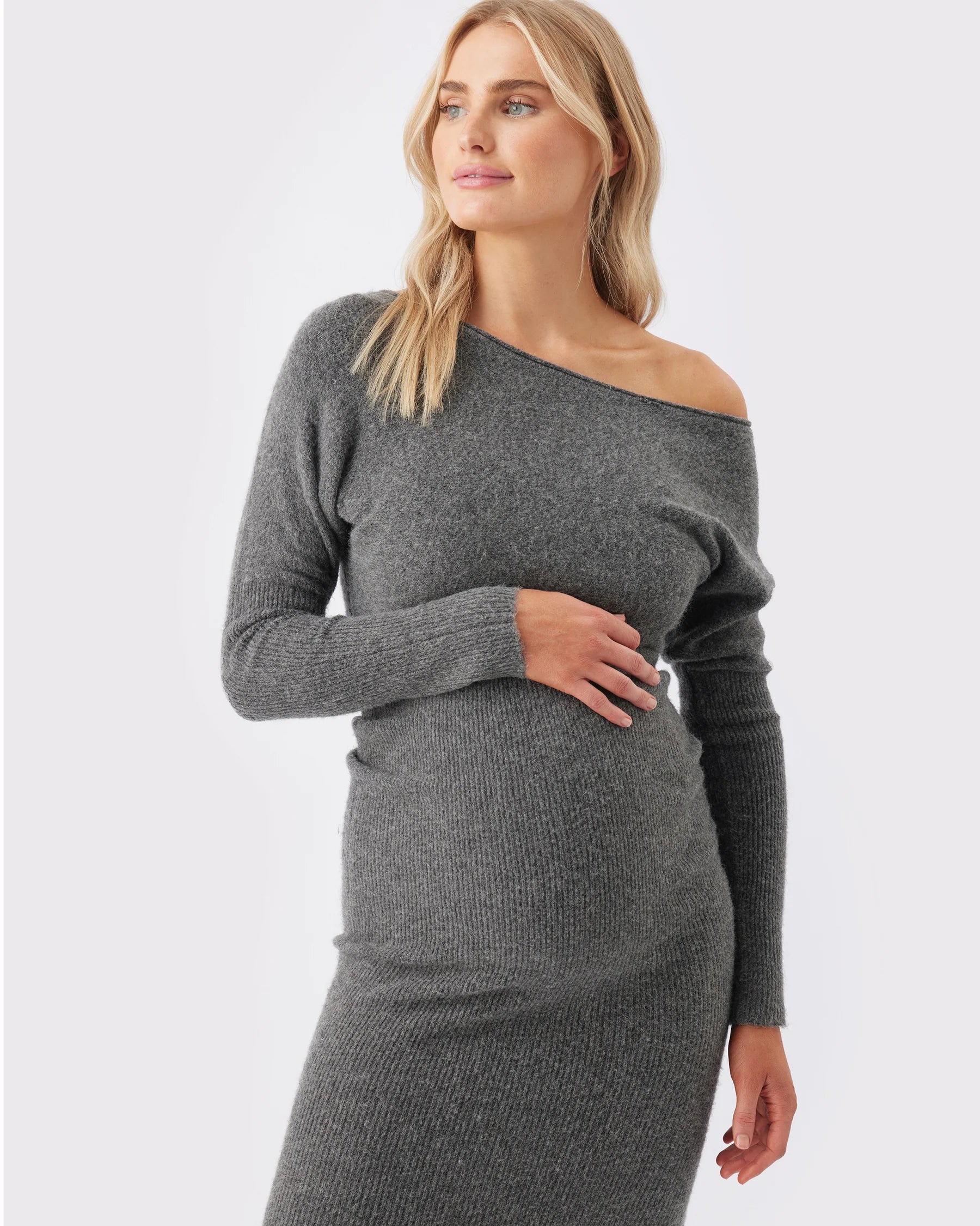 Off Shoulder Knit Dress - Charcoal Marle