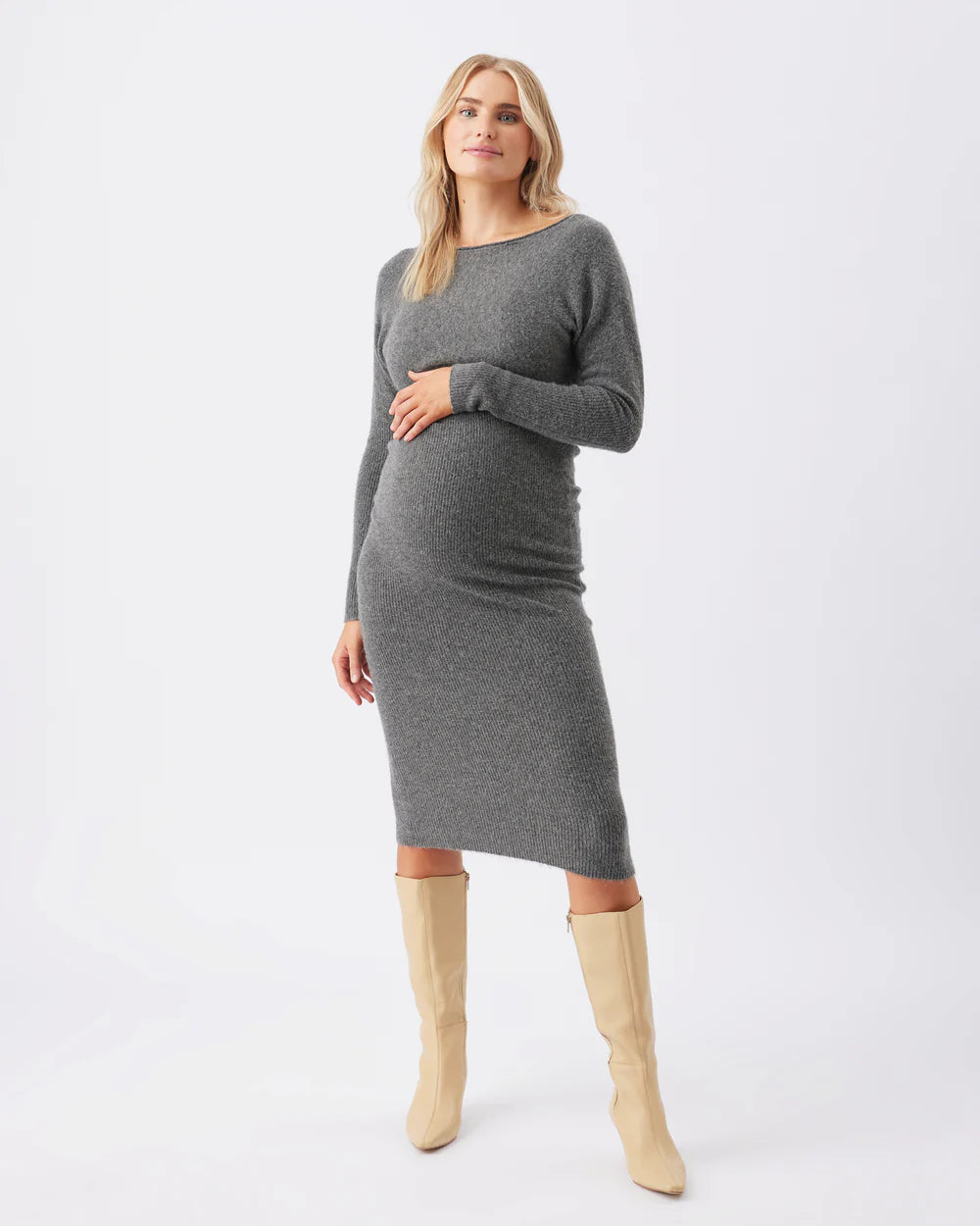 Off Shoulder Knit Dress - Charcoal Marle