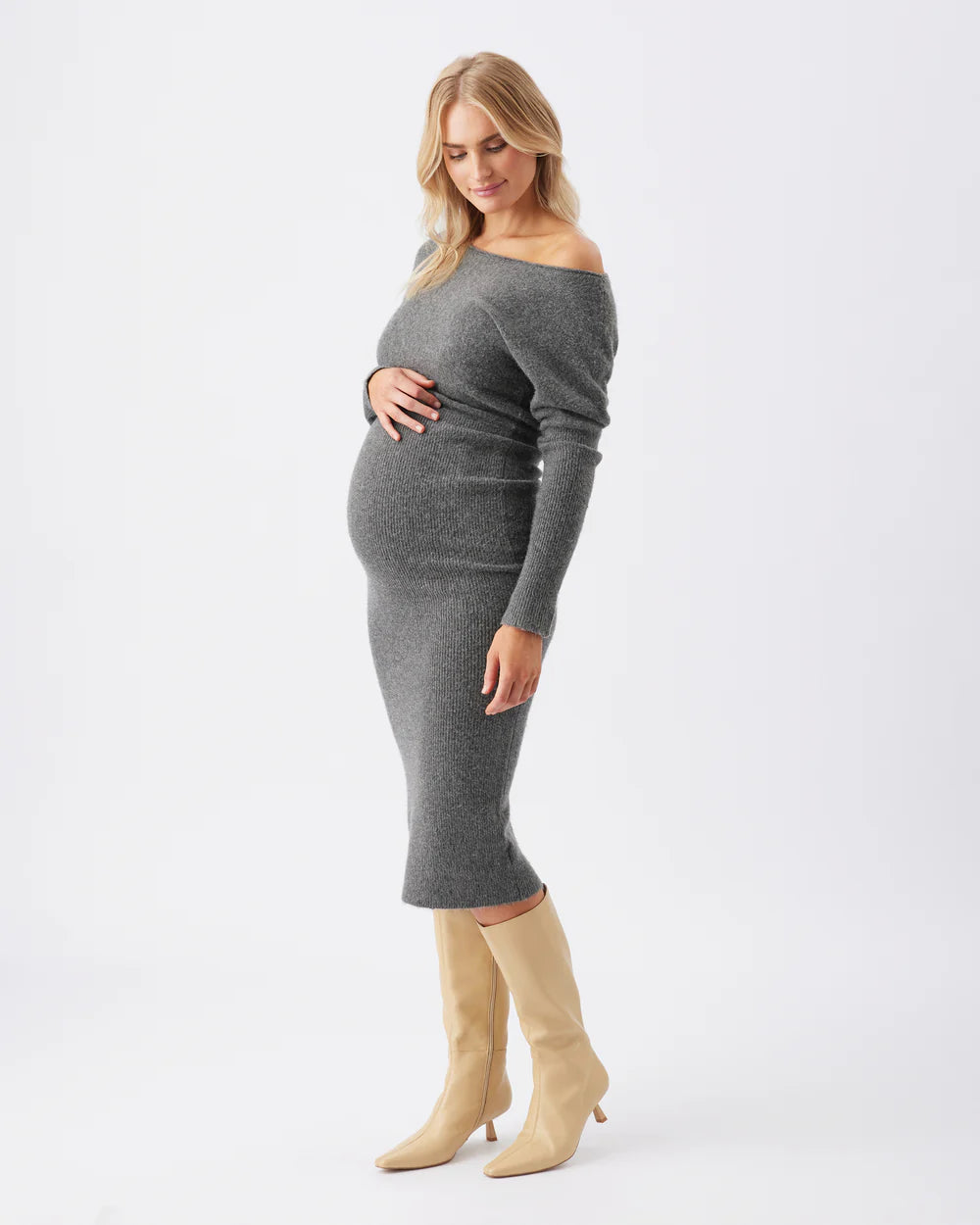 Off Shoulder Knit Dress - Charcoal Marle