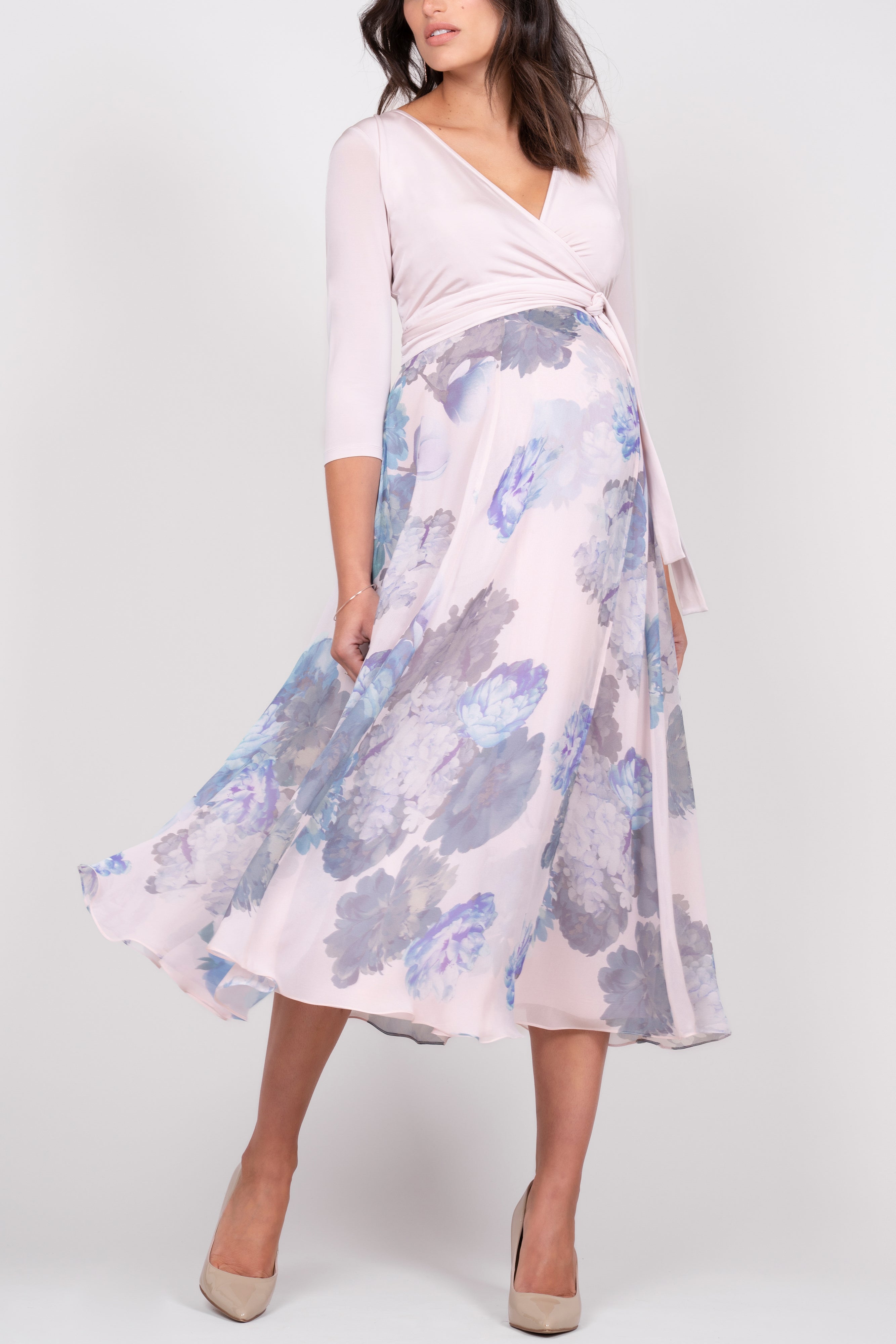 Pastel Floral Wrap Maternity & Nursing Midi Dress