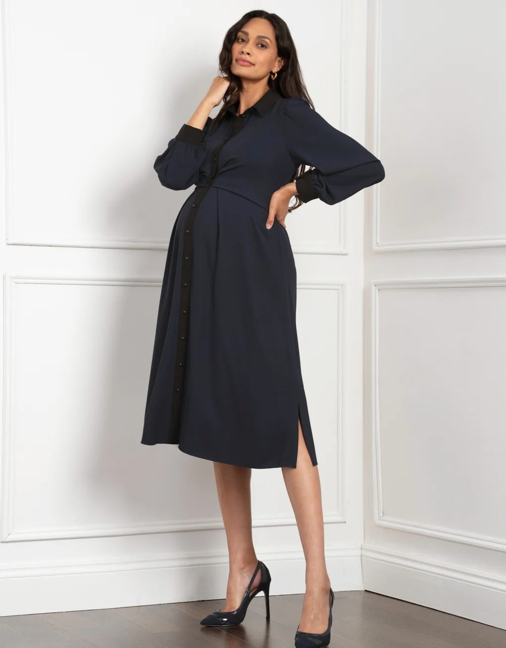 Pleated Waist Maternity & Nursing Shirt Dress