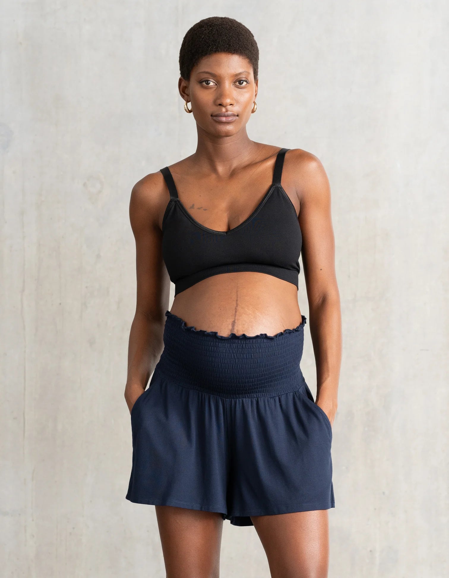 Navy Blue Maternity Shirred Waist Shorts