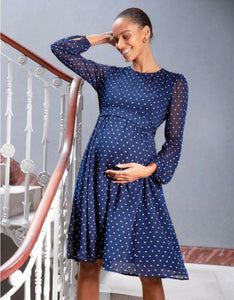 Seraphine Navy & White Spot Chiffon Maternity to Nursing Dress