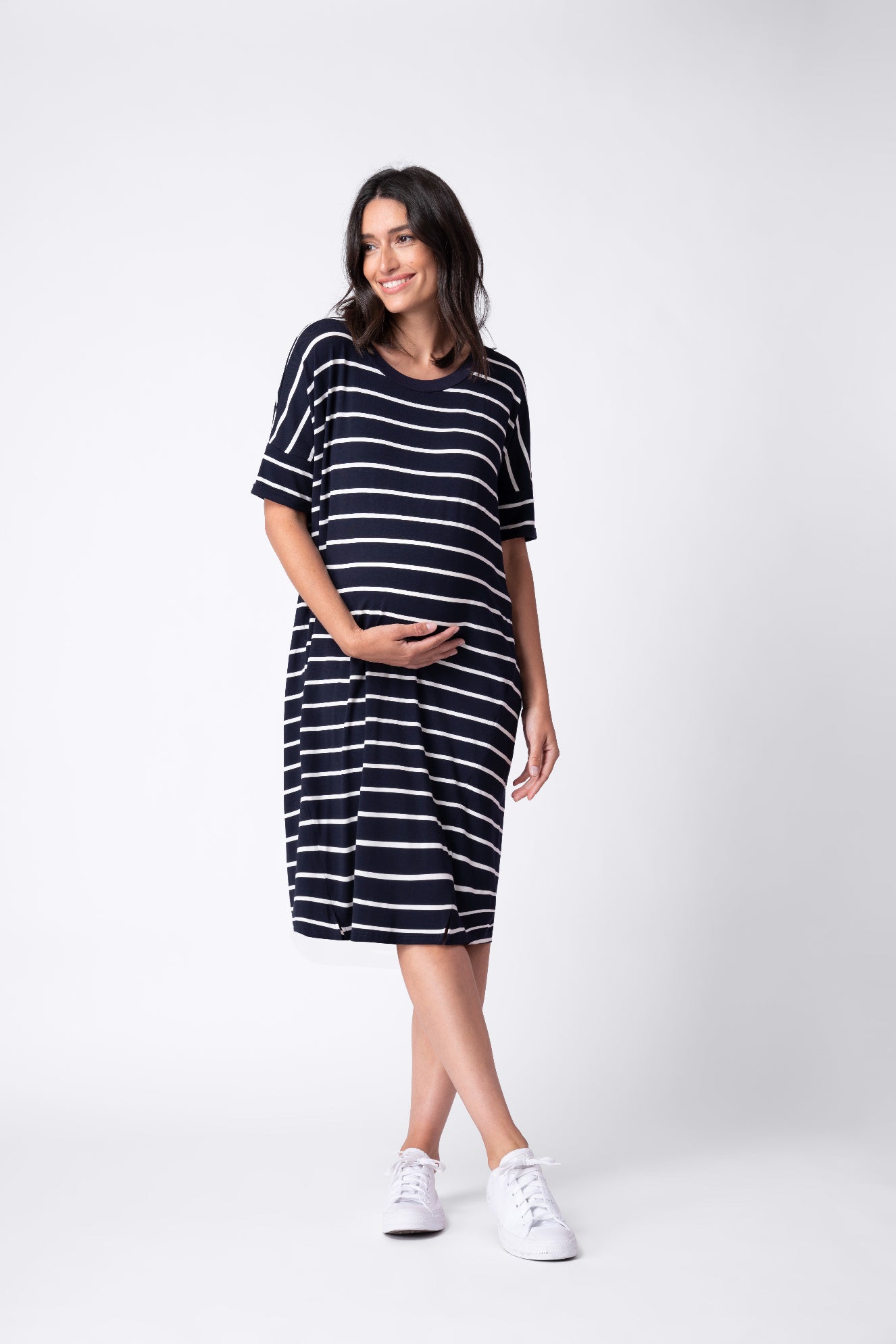 Navy & White Stripe Oversize Maternity to breastfeeding T-Shirt Dress